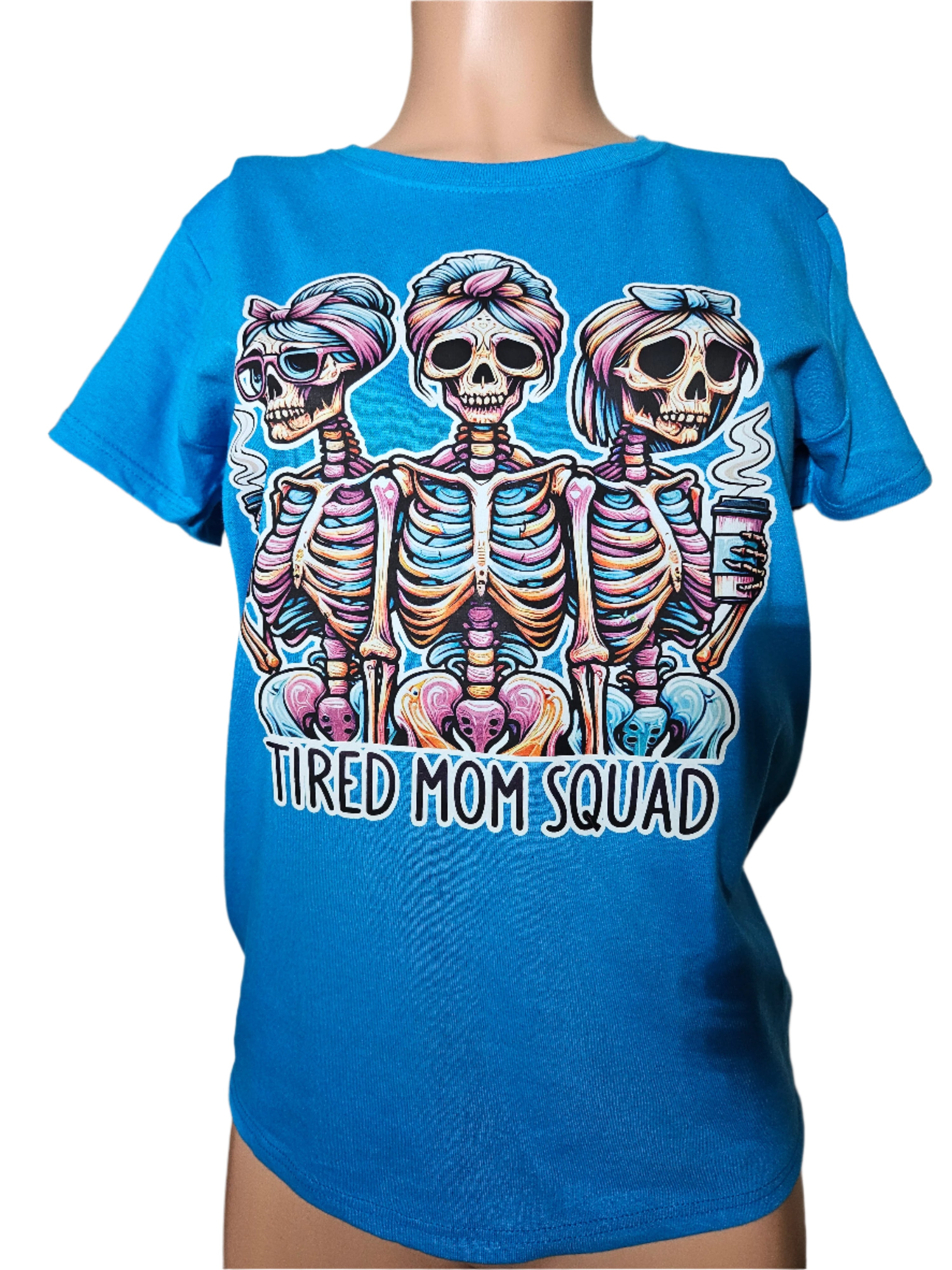 Funny Skeleton Mom Shirt – Tired Mom Squad Graphic Tee – Coffee Lover Gift – Colorful Skull Shirt – Trendy Mom Life Shirt