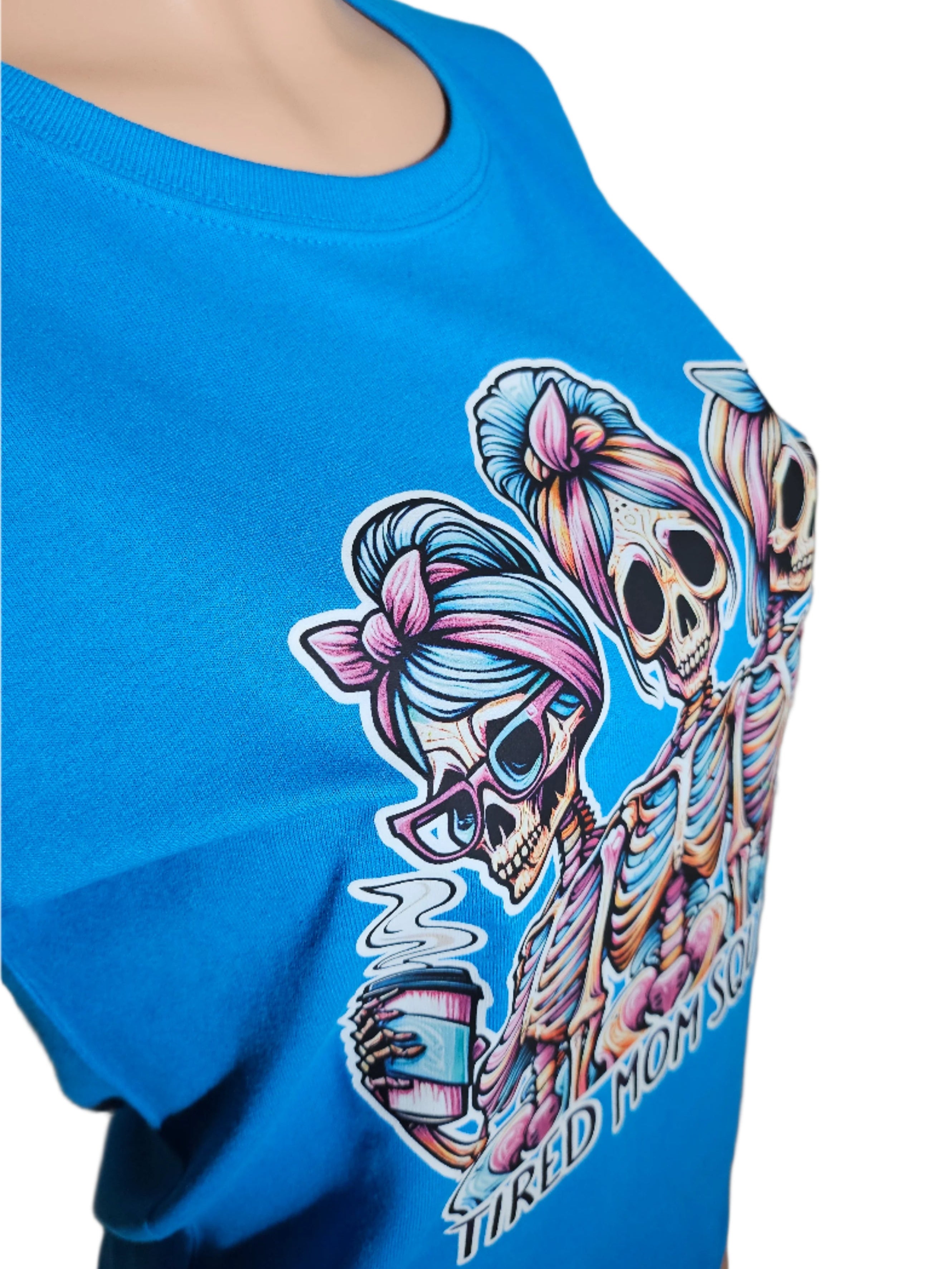 Funny Skeleton Mom Shirt – Tired Mom Squad Graphic Tee – Coffee Lover Gift – Colorful Skull Shirt – Trendy Mom Life Shirt