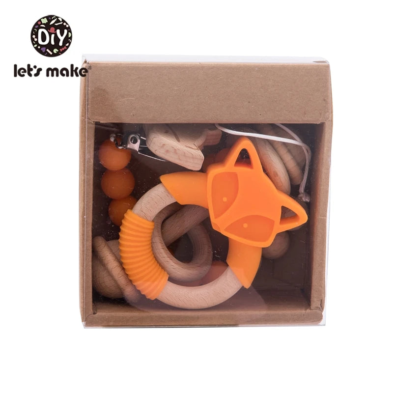 Let's Make 3pcs/set Baby's Beech Silicagel Rattle Suit Fox Teether Food Grade Free BPA Baby Toys Gift Products Kids With Box