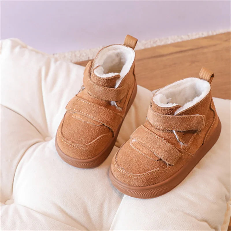 2024 New Winter Baby Shoes Leather Double Hook&Loop Toddler Boys Boots Soft Sole Non-slip Fashion Little Kids Girls Snow Boots