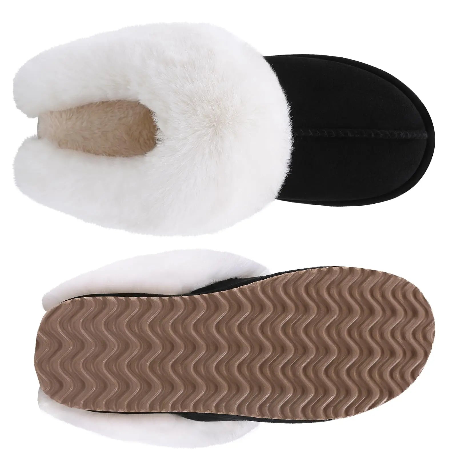 Shevalues Winter Fur Collar Slippers Women Winter Plush Furry Slippers Indoor House Cotton Flat Shoe Fuzzy Memory Foam Slippers