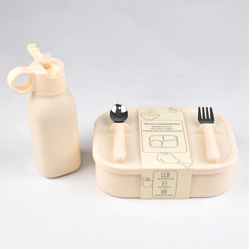 4PC/Set Silicone Bento Box Straw Water Bottle Leak-Proof Lunch Container Fork Spoon With Packaging Card BPA-Free Dishwasher Safe