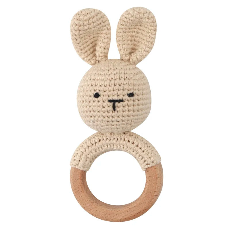 1Pc Wooden Crochet Bunny Rattle Toy Wood Ring Baby Teether Rodent Baby Gym Mobile Rattles Custom Name Educational Toys