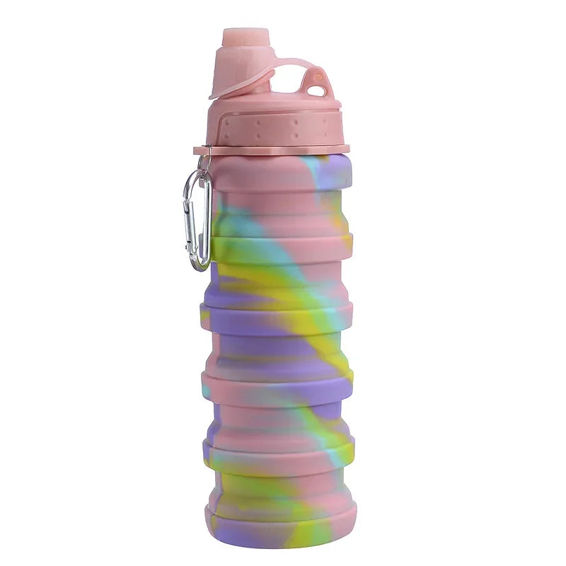 500ML Portable Retractable Silicone Bottle Folding Water Bottle Outdoor Travel Drinking Cup with Carabiner Collapsible Cup