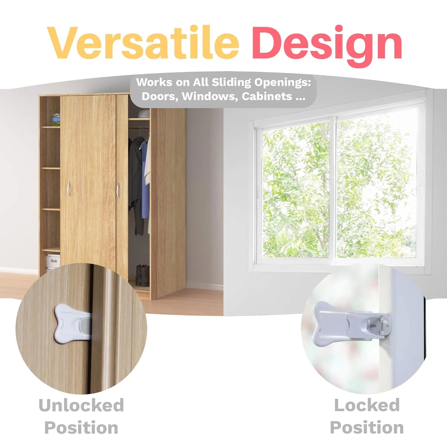 Inaya Sliding Door Lock for Child (4-Pack) - Child Locks for Sliding Glass Doors, Windows, Closets & Cabinets. Locks for All