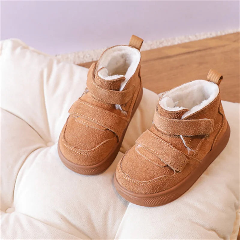 2024 New Winter Baby Shoes Leather Double Hook&Loop Toddler Boys Boots Soft Sole Non-slip Fashion Little Kids Girls Snow Boots