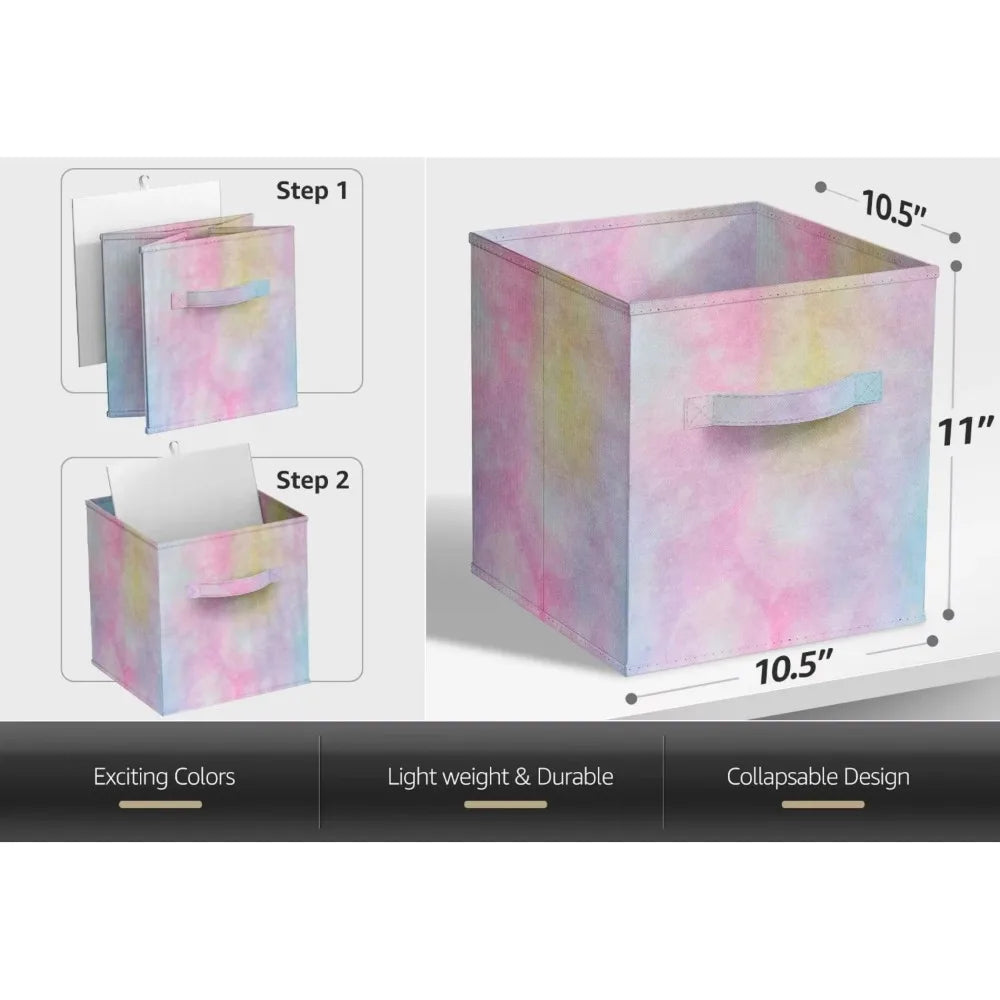 6 Foldable Tie Dye Fabric Storage Bins for Organizing Cubbies, Toy Box - Clothes Storage & Closet Organizer - 11 Inch Baskets