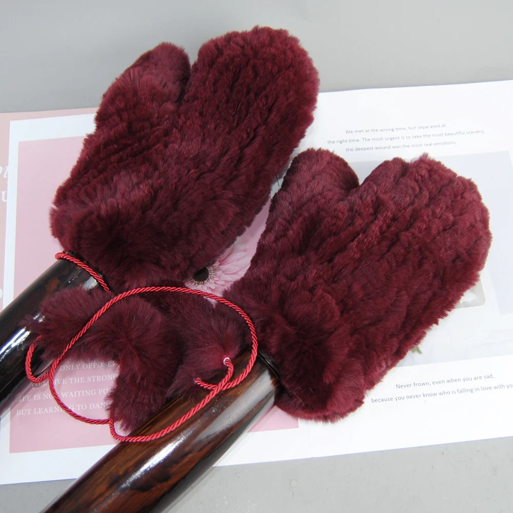 Hot Sale Winter Girl Natural Real Rex Rabbit Fur Gloves Good Elastic Knitted Rabbit Fur Mittens Lady Real Rex Rabbit Fur Gloves