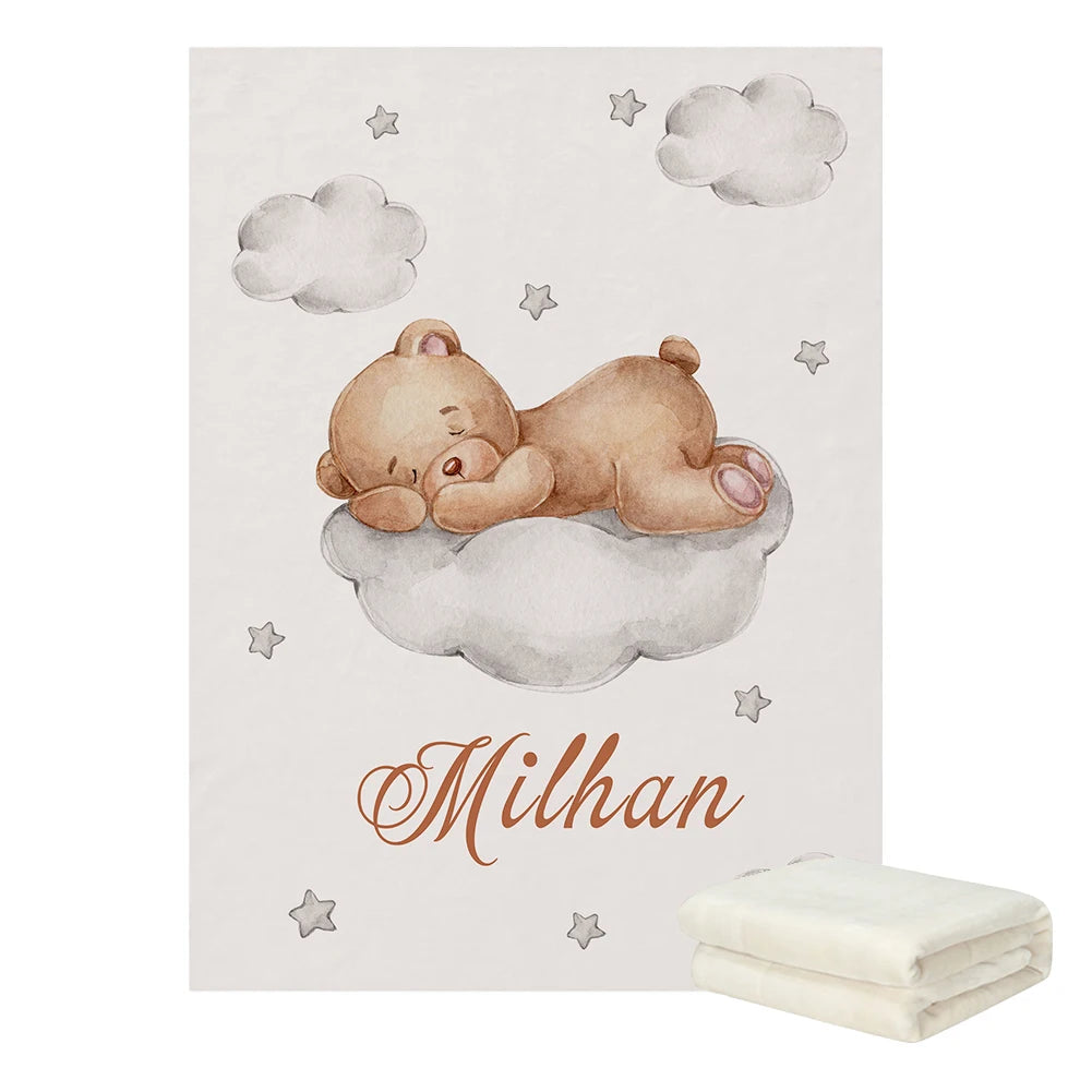 LVYZIHO Sleeping Bear Custom Name Crib Bedding Set, Moon, Cloud and Stars Baby Shower, Personalized Crib Sheet For Boy And Girl