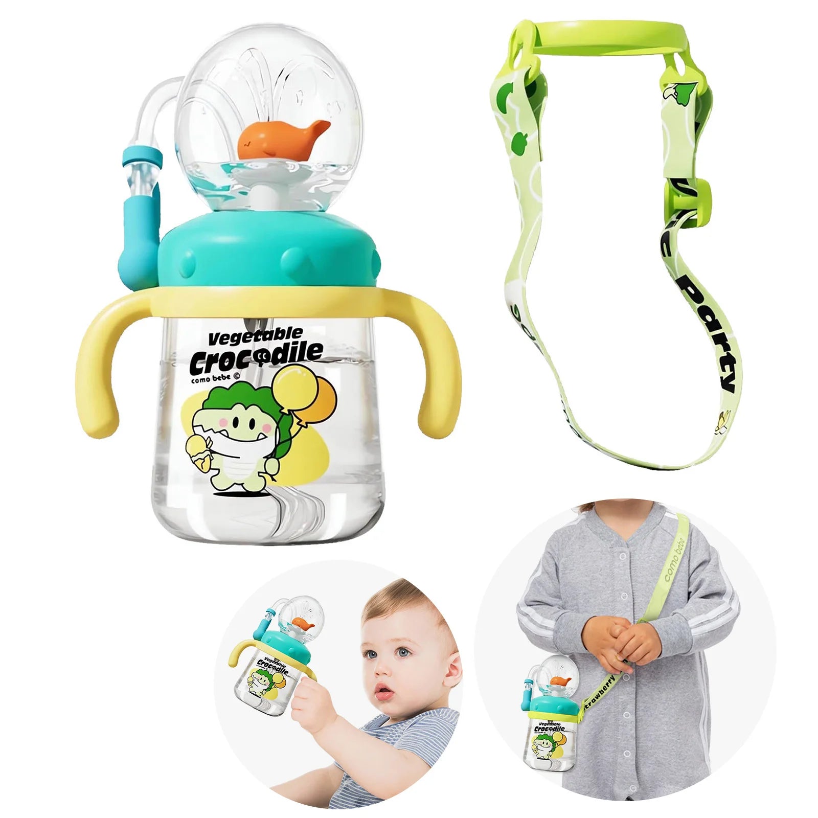 Children'S Water Cup Children'S Weighted Straw Cup Cute Water Bottle With Lid And Straw Leak Proof Handle And Adjustable Strap