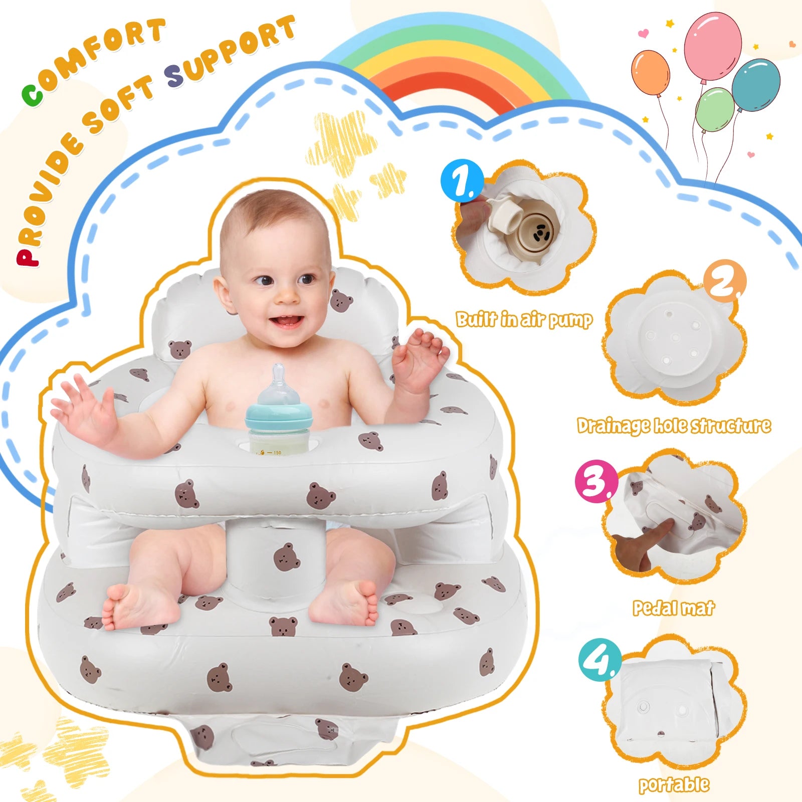 Baby Inflatable Seat Built in Air Pump Baby Chair Breathable Inflatable Baby Sofa Portable Blow Up Infant Chair Baby Chair Seat