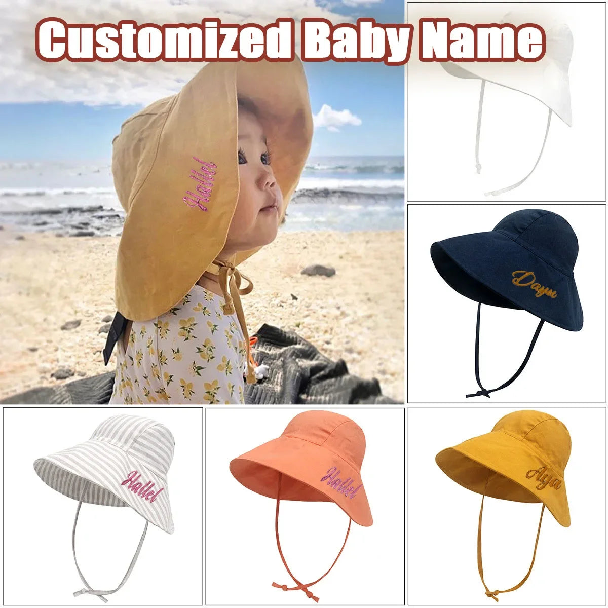 Personalized Big Brim Baby Sun Hat Summer Spring Kids Bucket Hat Cotton Linen Children Cap for Beach Playing Traveling 2-5Y