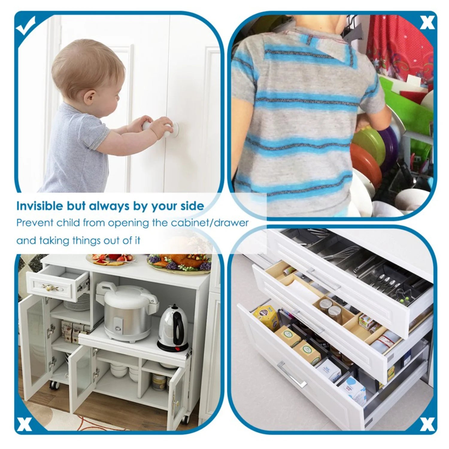 NEWCE 10 Pack Invisible Baby Proof Drawer Cabinet Locks Latches - Easy Installation, No Drill, Tools or Keys Required, Child