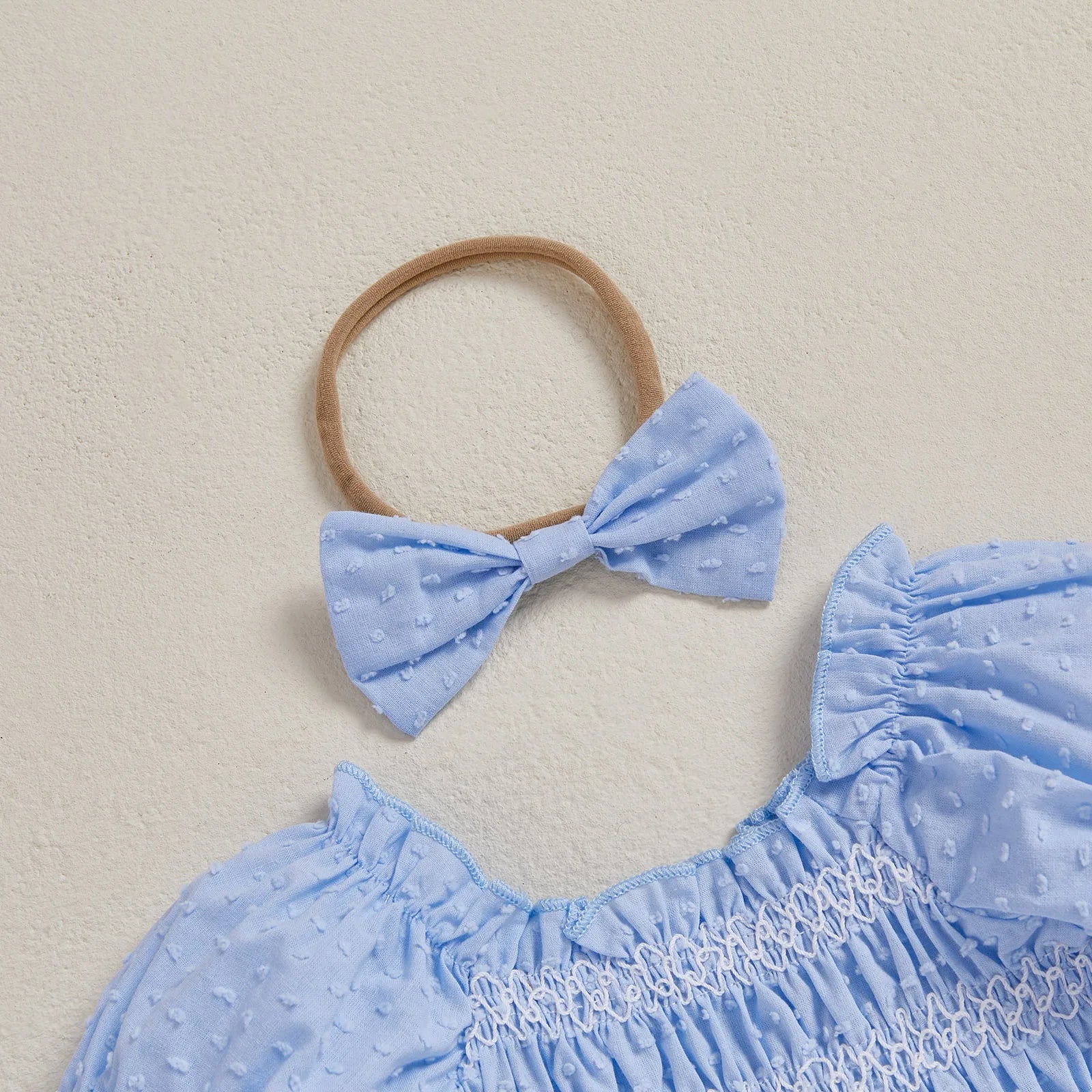 Baby Girls Summer Romper Short Sleeve Off Shoulder Ruched Jumpsuit with Headband