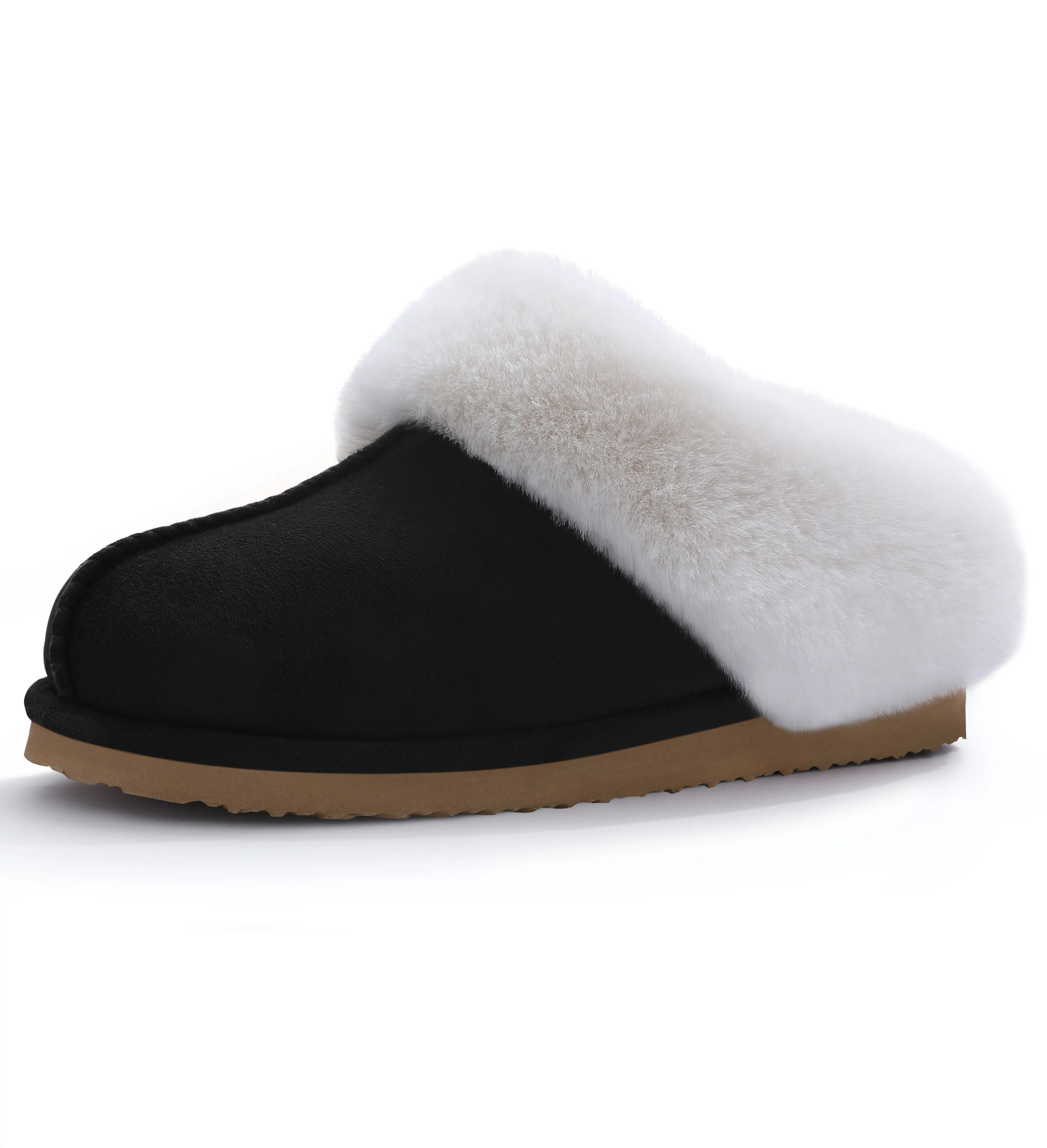 Shevalues Winter Fur Collar Slippers Women Winter Plush Furry Slippers Indoor House Cotton Flat Shoe Fuzzy Memory Foam Slippers