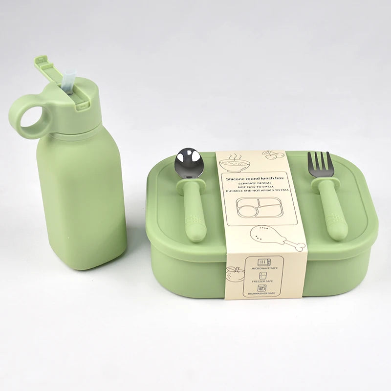 4PC/Set Silicone Bento Box Straw Water Bottle Leak-Proof Lunch Container Fork Spoon With Packaging Card BPA-Free Dishwasher Safe