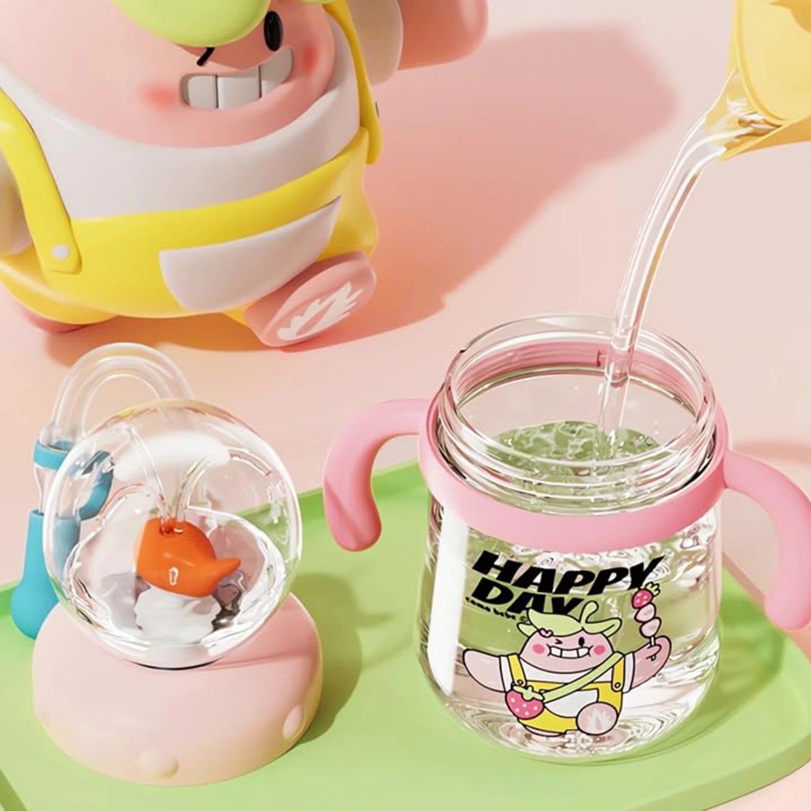 Children'S Water Cup Children'S Weighted Straw Cup Cute Water Bottle With Lid And Straw Leak Proof Handle And Adjustable Strap