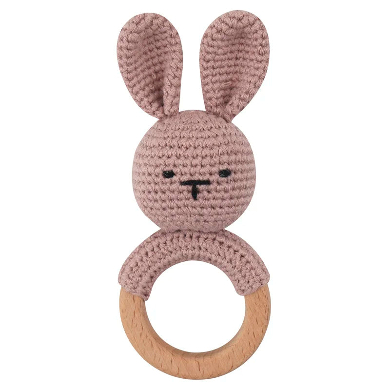 1Pc Wooden Crochet Bunny Rattle Toy Wood Ring Baby Teether Rodent Baby Gym Mobile Rattles Custom Name Educational Toys