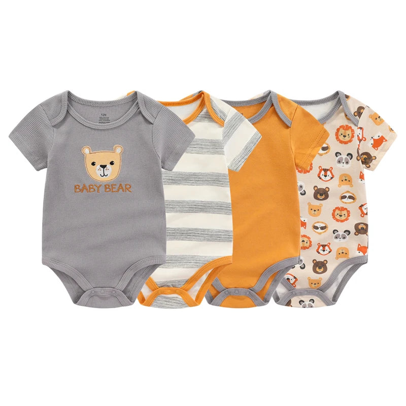 Kiddiezoom Fashion Cartoon 4-piece Summer 100% Cotton Boys and Girls jumpsuit Newborn jumpsuit set