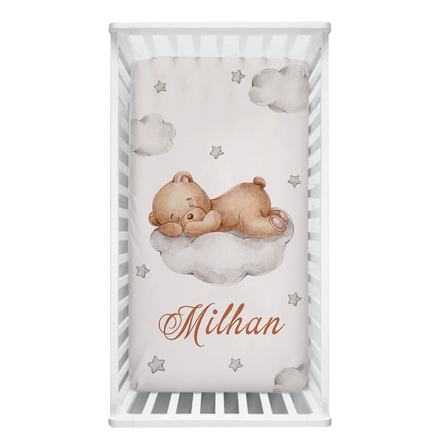 LVYZIHO Sleeping Bear Custom Name Crib Bedding Set, Moon, Cloud and Stars Baby Shower, Personalized Crib Sheet For Boy And Girl