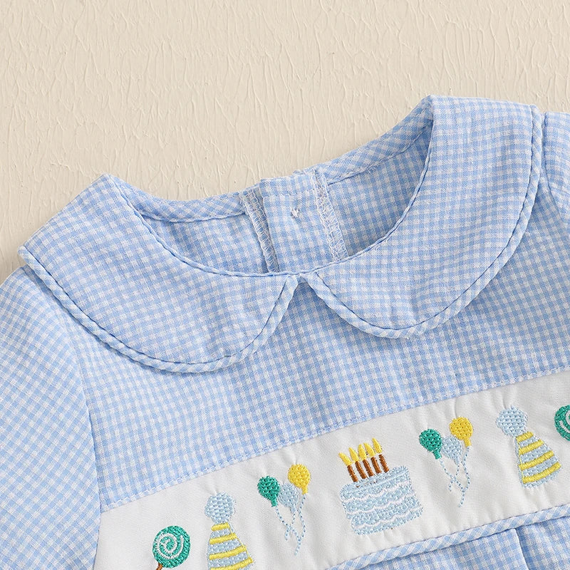 Summer Infant Baby Boys Girls Rompers Short Sleeve Doll Collar Cake Embroidery Smocked Bodysuit Playsuit