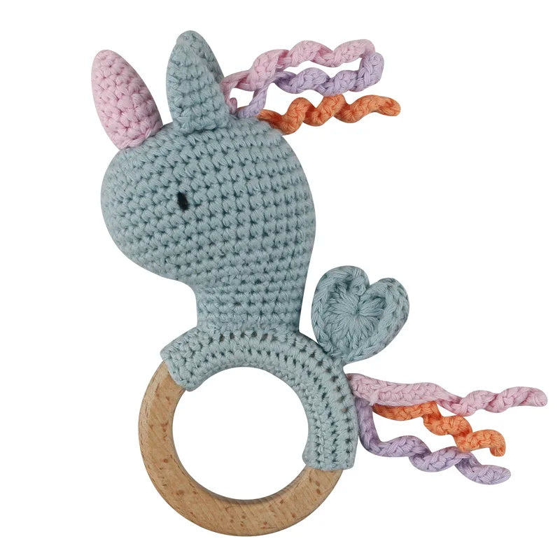 1Pc Wooden Crochet Bunny Rattle Toy Wood Ring Baby Teether Rodent Baby Gym Mobile Rattles Custom Name Educational Toys