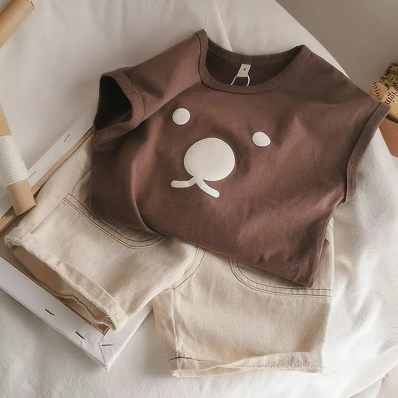 Organic Cotton Cartoon Bear Sleeveless T-Shirt Summer Shirt Tops for Infant Baby and Toddler Boys, Girls, Unisex