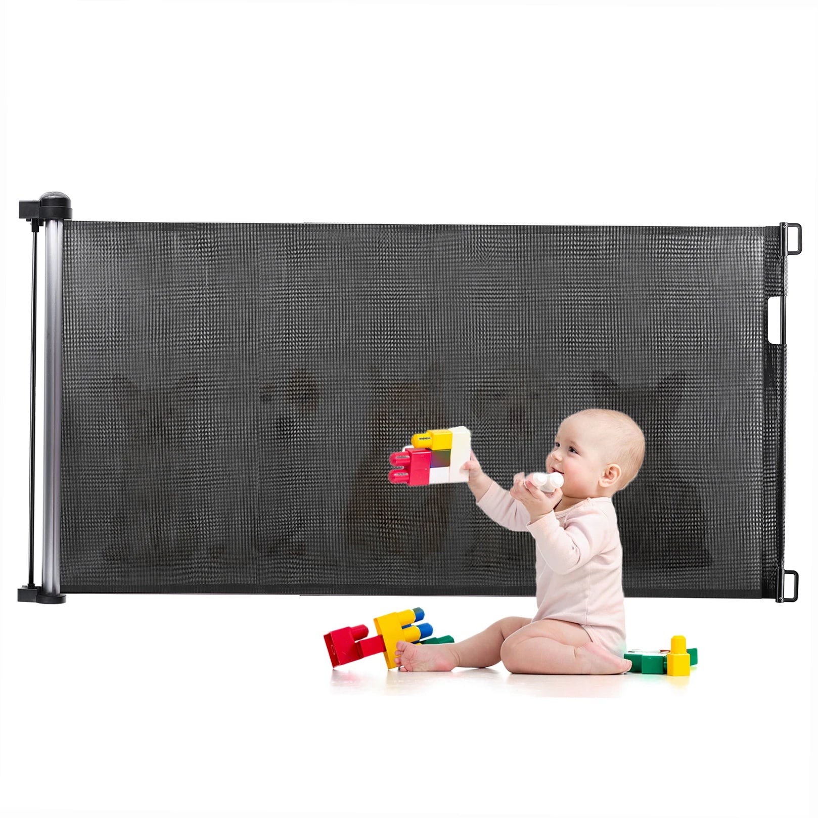 Retractable Baby Safety Gate 34 inch Tall Extends to 61 inch Wide Indoor Outdoor Baby Gate Safety Barrier Pet Dog Mesh Fence Bla