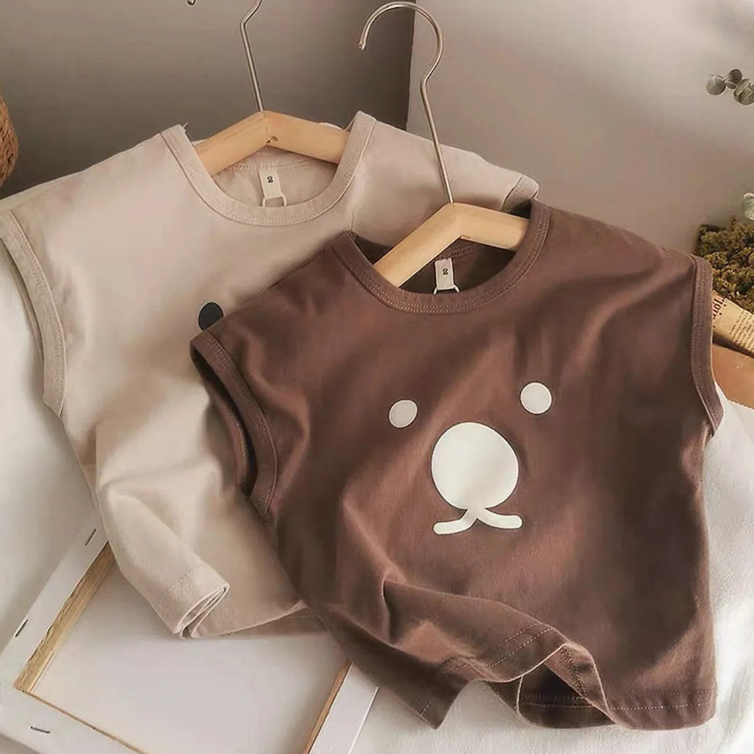 Organic Cotton Cartoon Bear Sleeveless T-Shirt Summer Shirt Tops for Infant Baby and Toddler Boys, Girls, Unisex