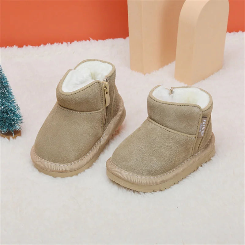 2023 New Winter Baby Snow Boots Leather Warm Plush Infant Shoes Zip Side Soft Sole Fashion Toddler Boys Girls Boots 15-25