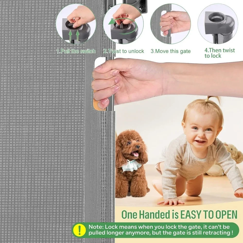Retractable Baby Gate, Extra Wide Safety Kids or Pets Gate, 33” Tall, Extends to 71” Wide, Mesh Safety Dog Gate for Stairs,