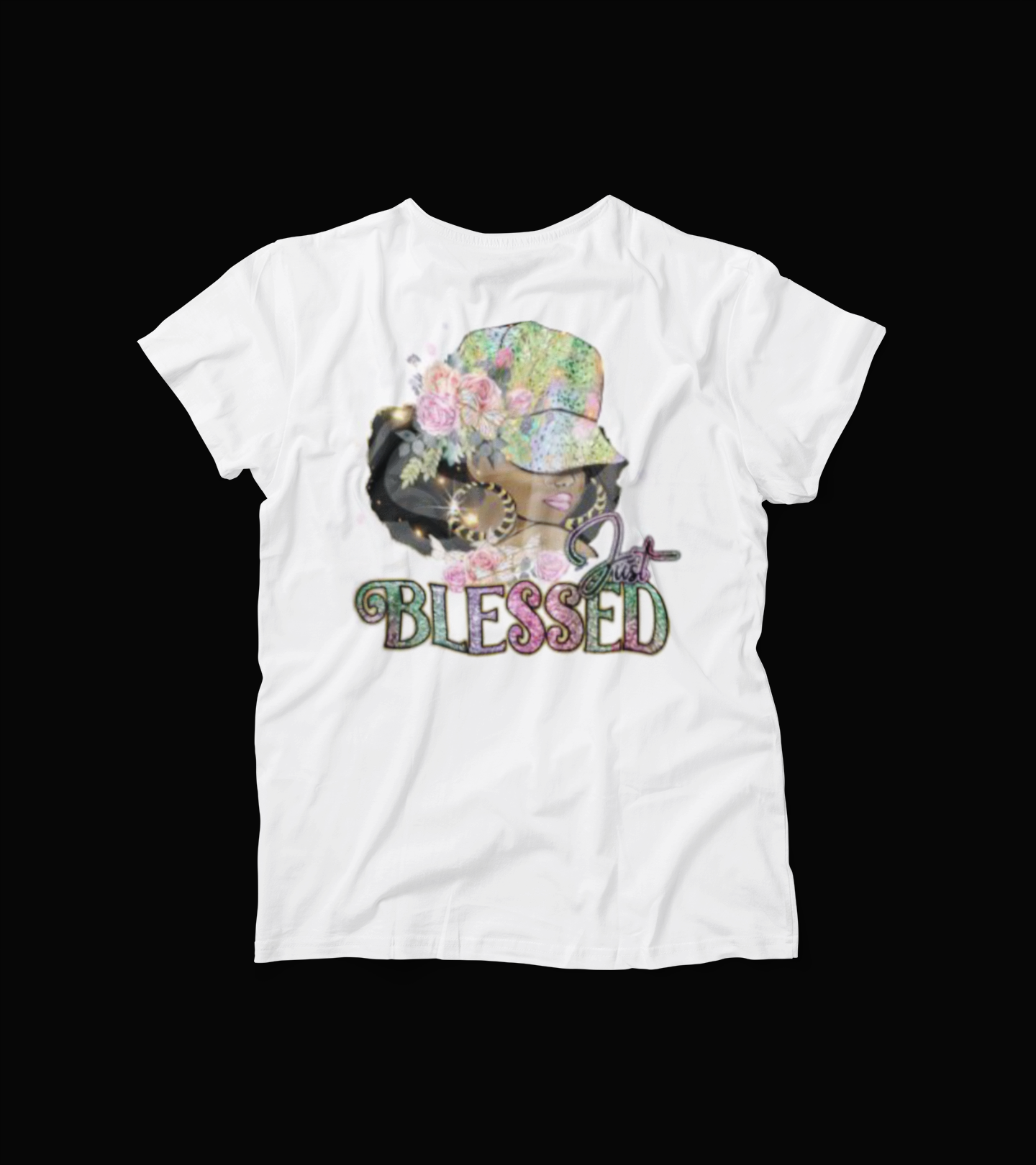 Just Blessed T-Shirt – Glitter Floral Afro Girl Graphic Tee – Faith Fashion Shirt for Women – Christian Urban Apparel