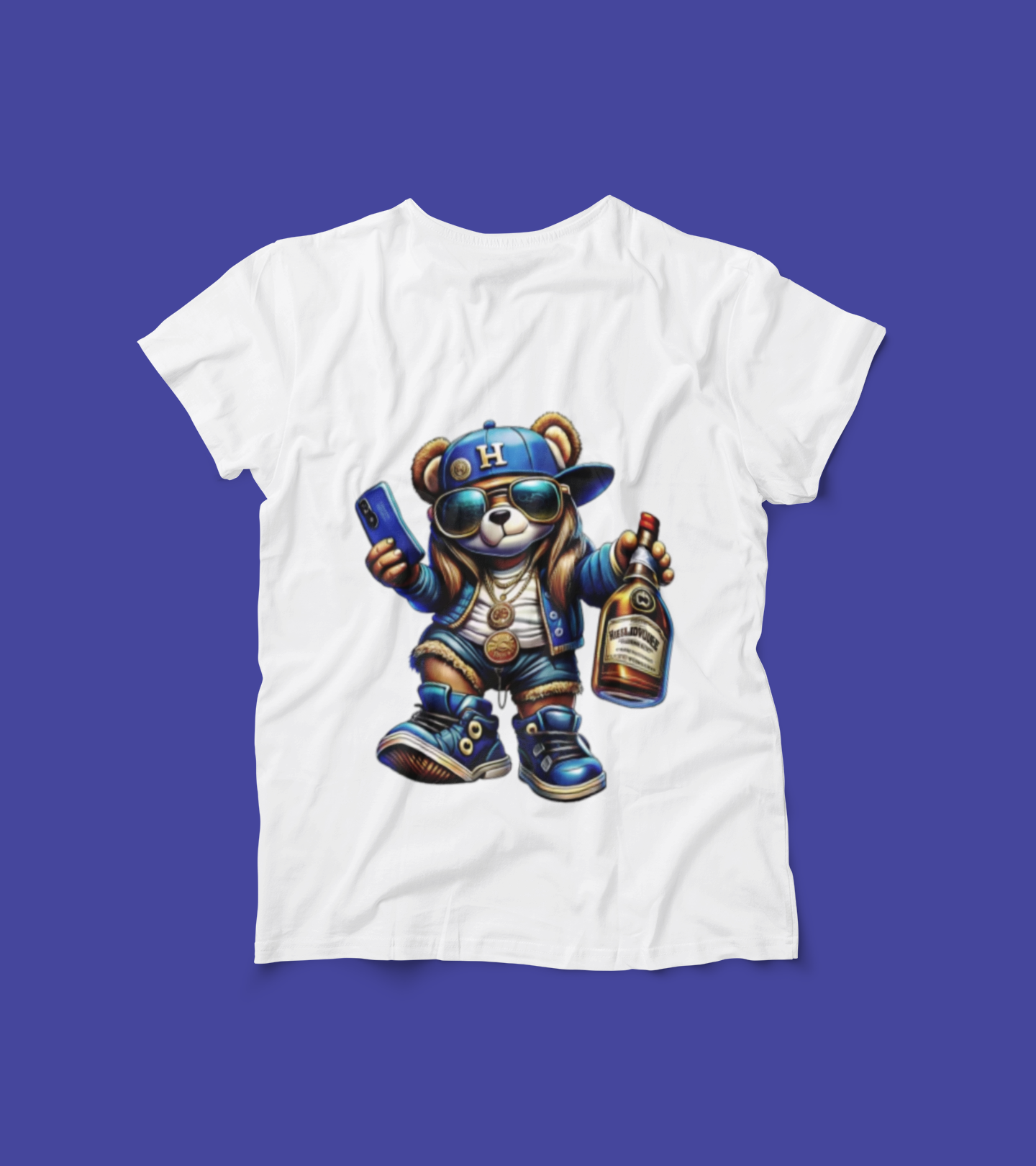 Hip Hop Bear Shirt – Swagged Out Urban Bear Tee with Gold Chains & Bottle – Blue Streetwear Graphic T-Shirt for Men & Women