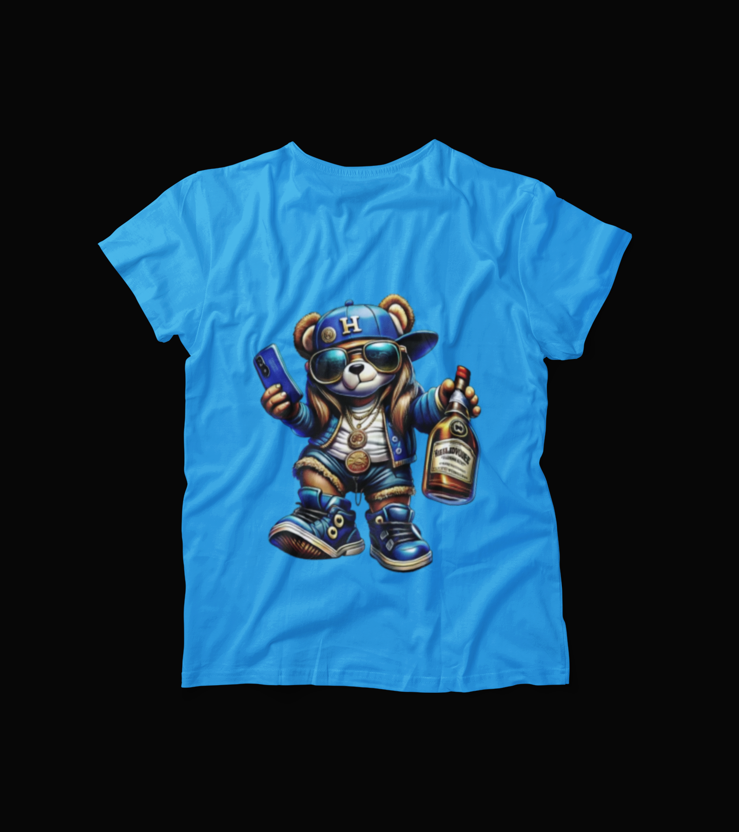 Hip Hop Bear Shirt – Swagged Out Urban Bear Tee with Gold Chains & Bottle – Blue Streetwear Graphic T-Shirt for Men & Women