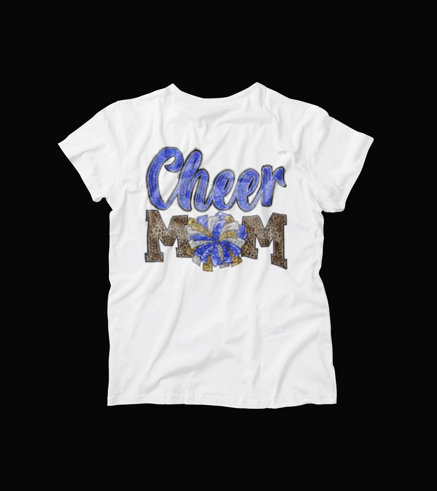 Cheer Mom T-Shirt โ Blue Bow & Leopard Print Graphic Tee โ Cheerleading Spirit Shirt for Moms โ White Game Day Proud Parent Top