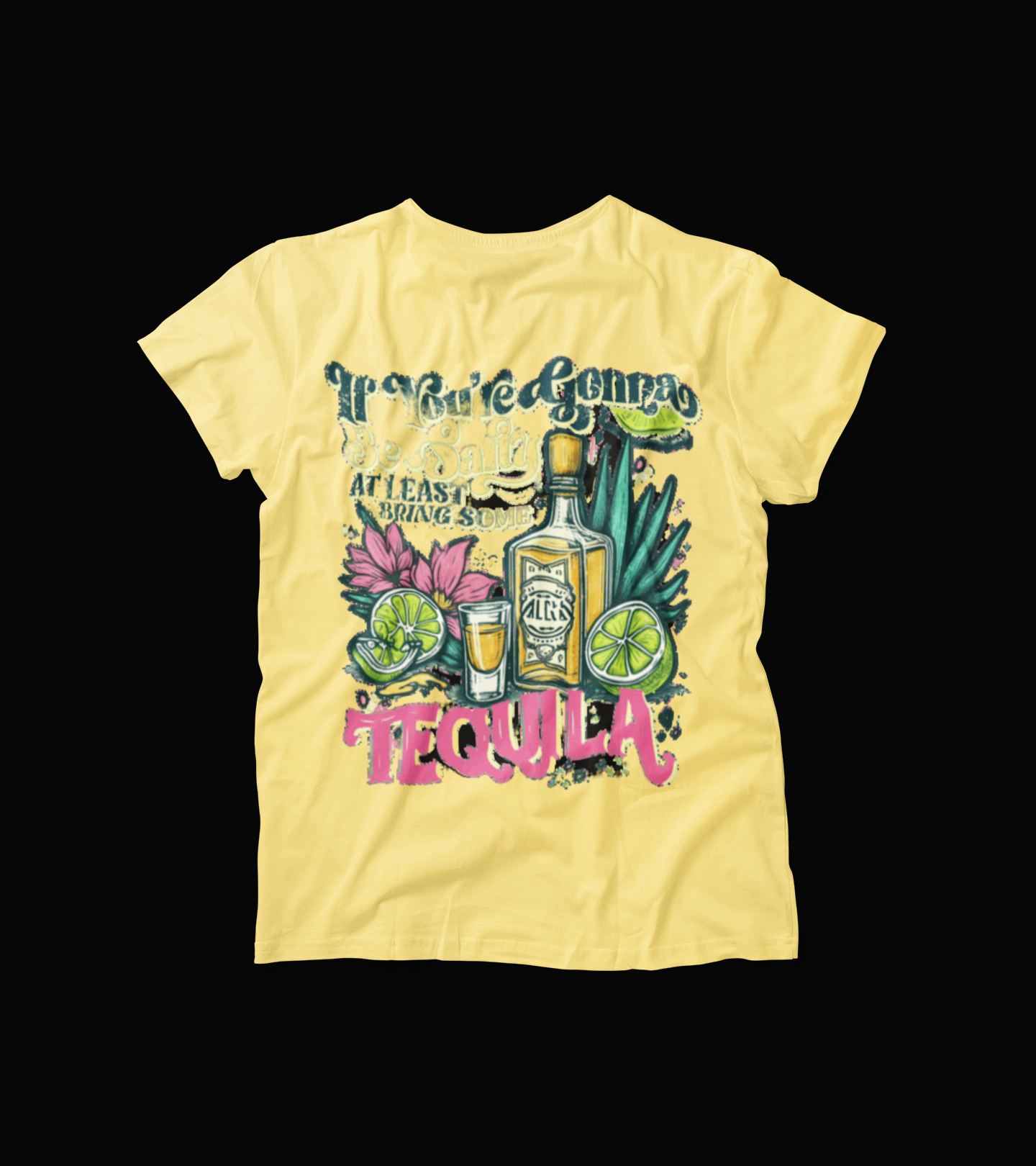 Tequila Graphic T-Shirt – If You're Gonna Be Salty Funny Summer Tee – Yellow Party Shirt with Bottle and Lime Design