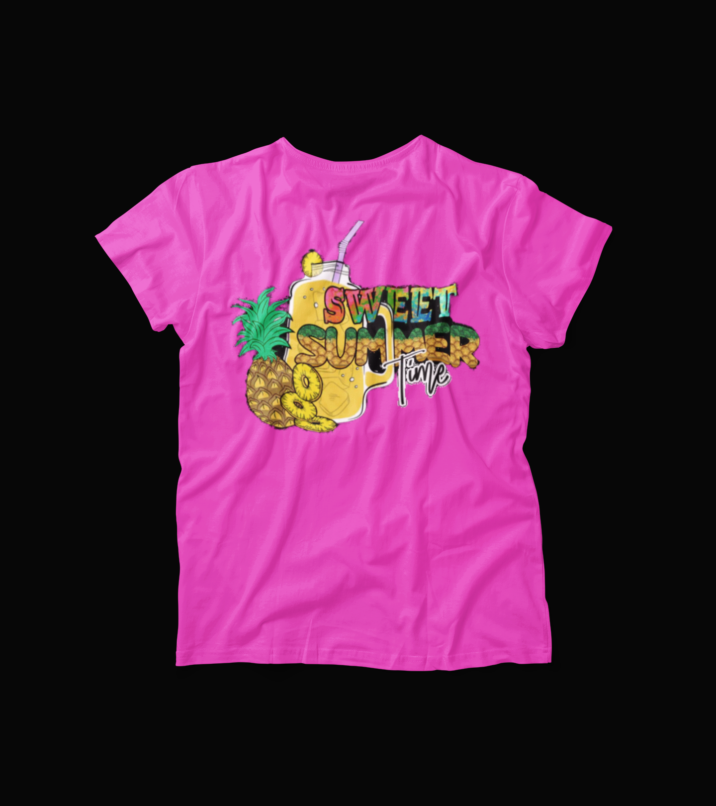 Sweet Summer Time T-Shirt โ Pink Pineapple Drink Graphic Tee โ Fun Tropical Vacation Shirt for Women โ Bright Summer Vibes