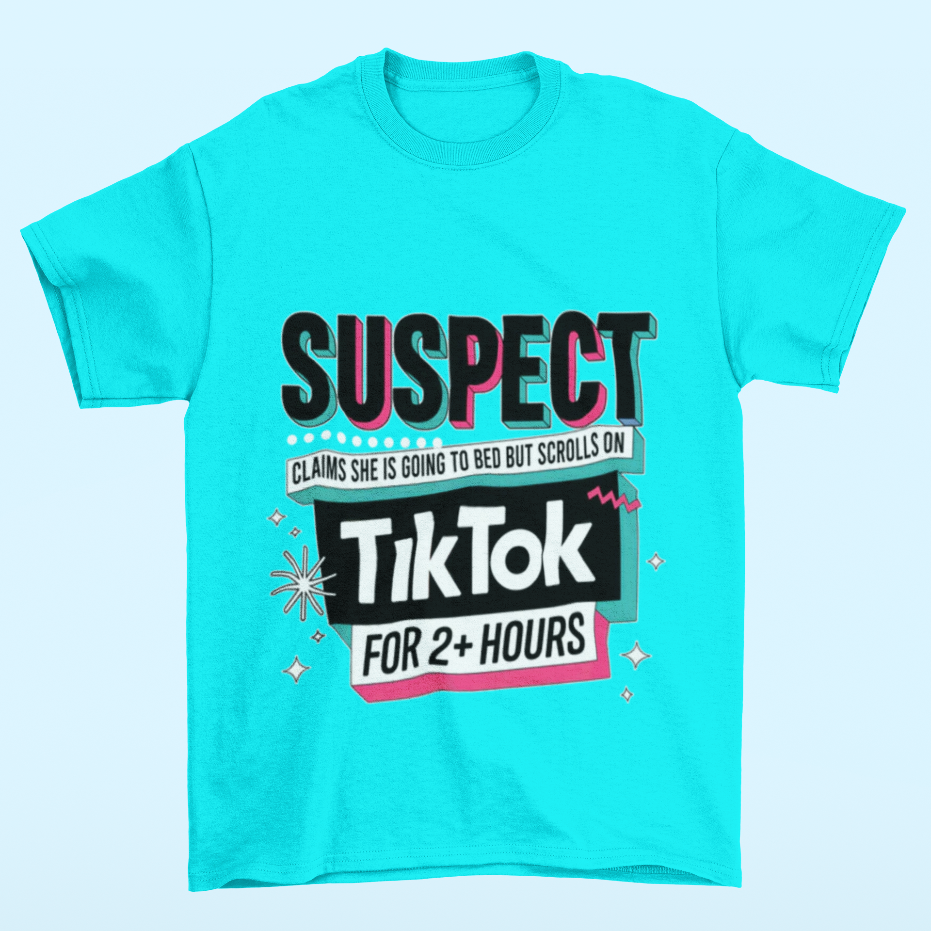 Funny TikTok Addict Shirt – "Suspect: Claims She's Going to Bed But Scrolls TikTok" Graphic Tee – Social Media Lover Gift