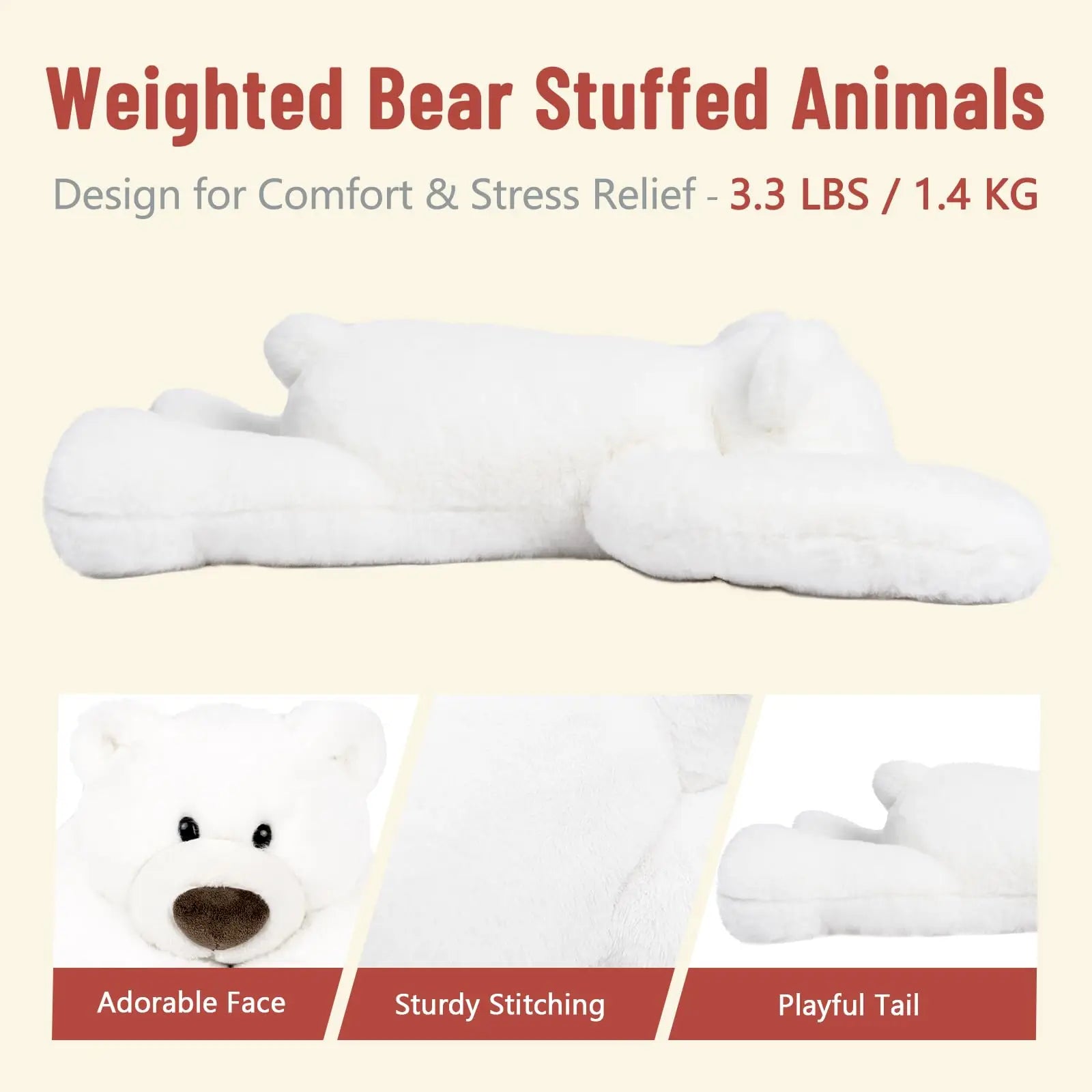 Niuniu Daddy 20" | 3.3 Pound Polar White Bear Weighted Stuffed Animals Large Plush Toy Pillow with Fluffy Fur for Kids Adults
