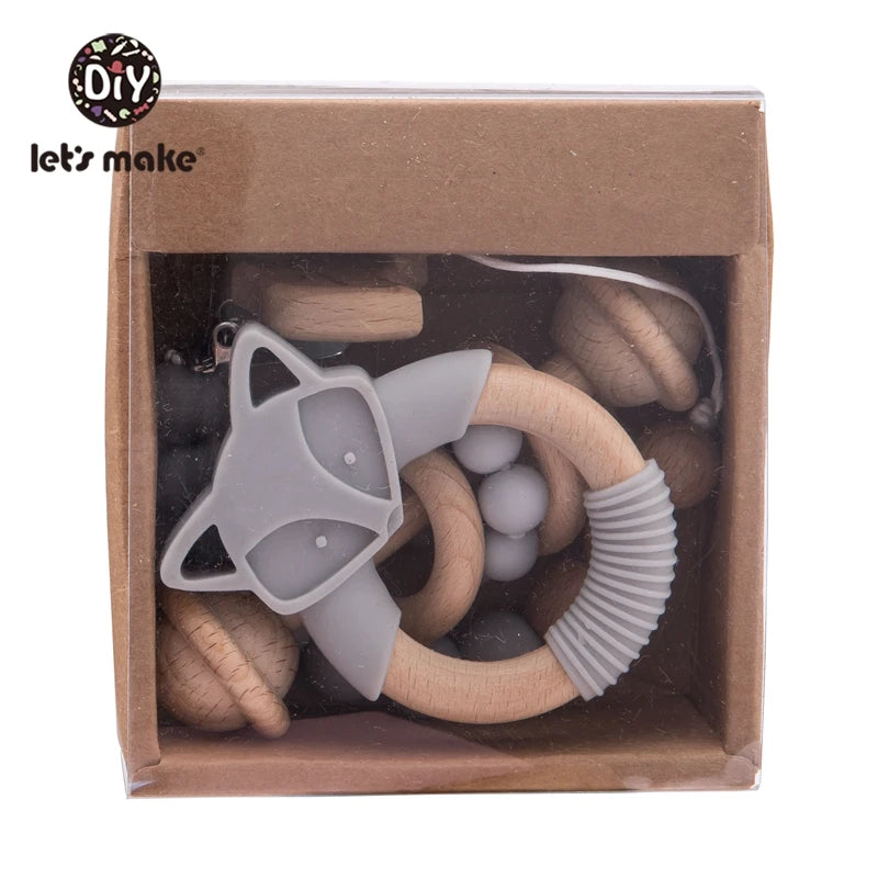 Let's Make 3pcs/set Baby's Beech Silicagel Rattle Suit Fox Teether Food Grade Free BPA Baby Toys Gift Products Kids With Box
