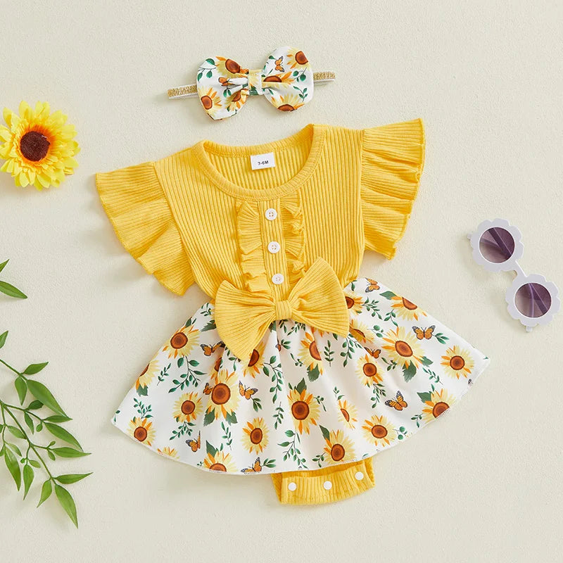 Infant Baby Girl Summer Outfit Sunflower  Print Ruffled Flying Sleeve Crew Neck Romper Dress and Bow Headband 2 Pcs Set