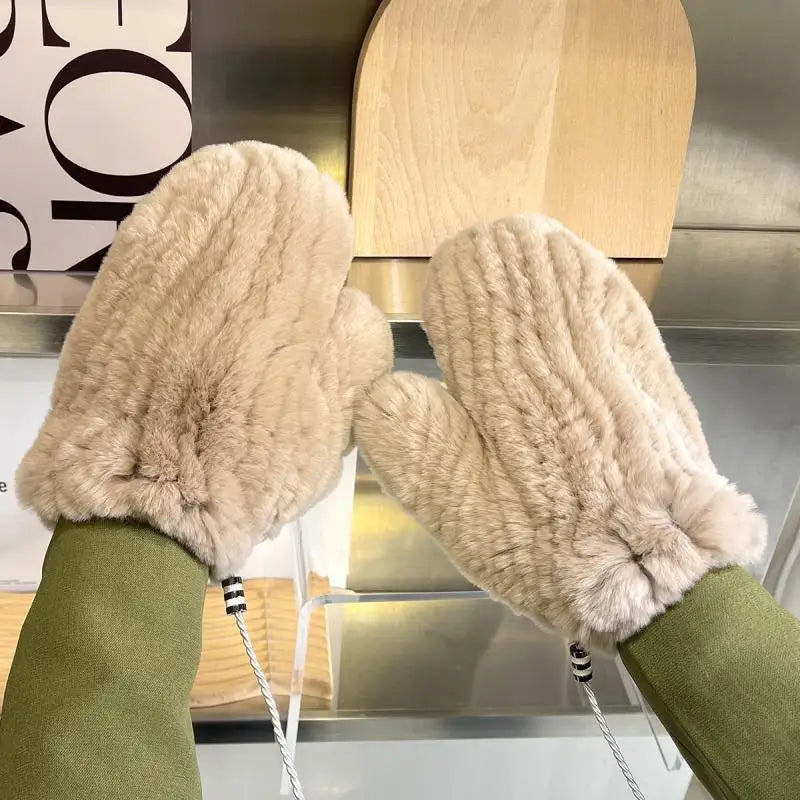 Hot Sale Winter Girl Natural Real Rex Rabbit Fur Gloves Good Elastic Knitted Rabbit Fur Mittens Lady Real Rex Rabbit Fur Gloves