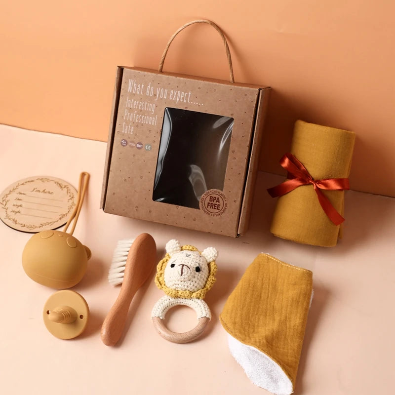 Baby Bathing Mouth Water Towel Pacifier Set Baby Full Moon Milestone Cards Wood Ring Rattle Bath Towel Wool Brush Birthday Gifts