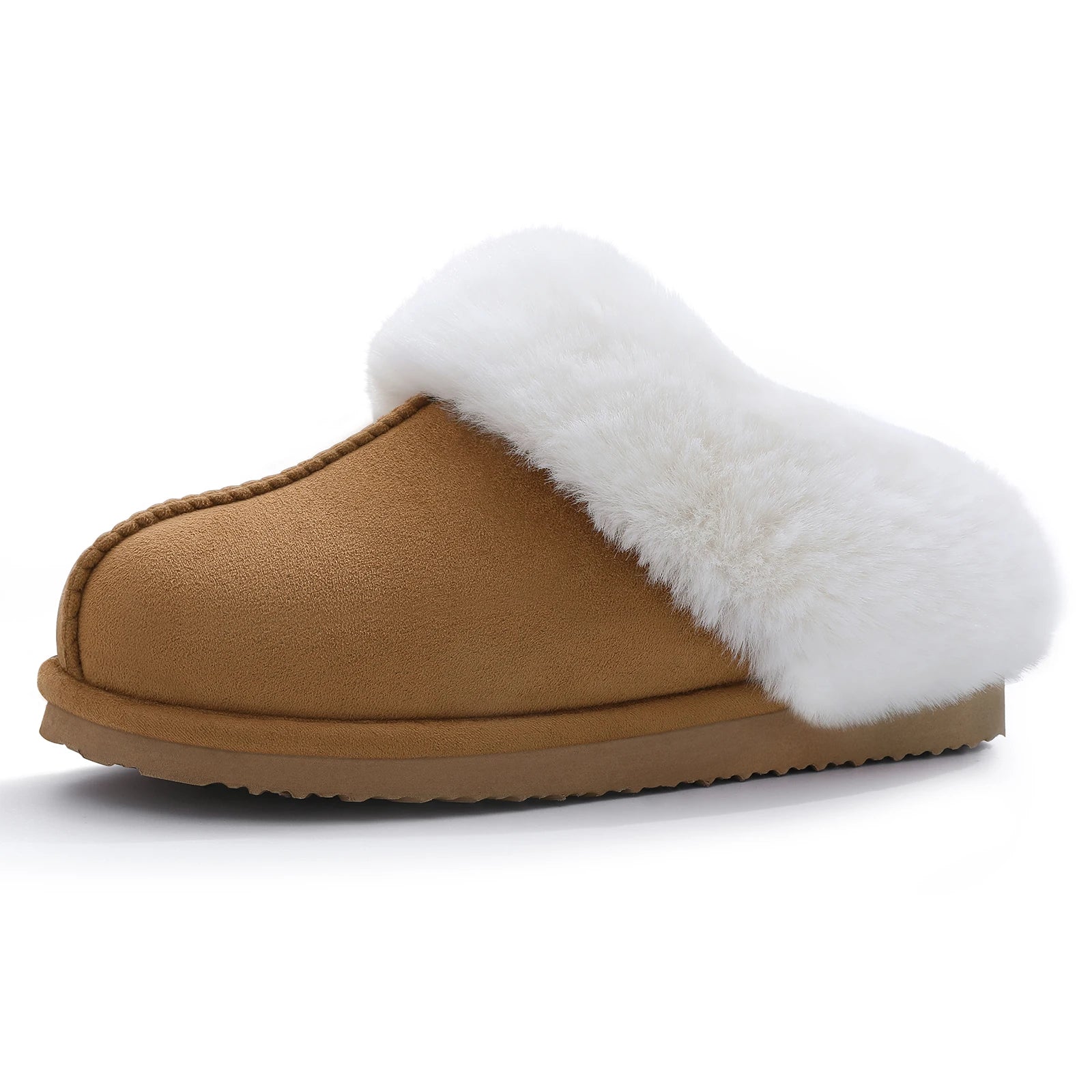 Shevalues Winter Fur Collar Slippers Women Winter Plush Furry Slippers Indoor House Cotton Flat Shoe Fuzzy Memory Foam Slippers