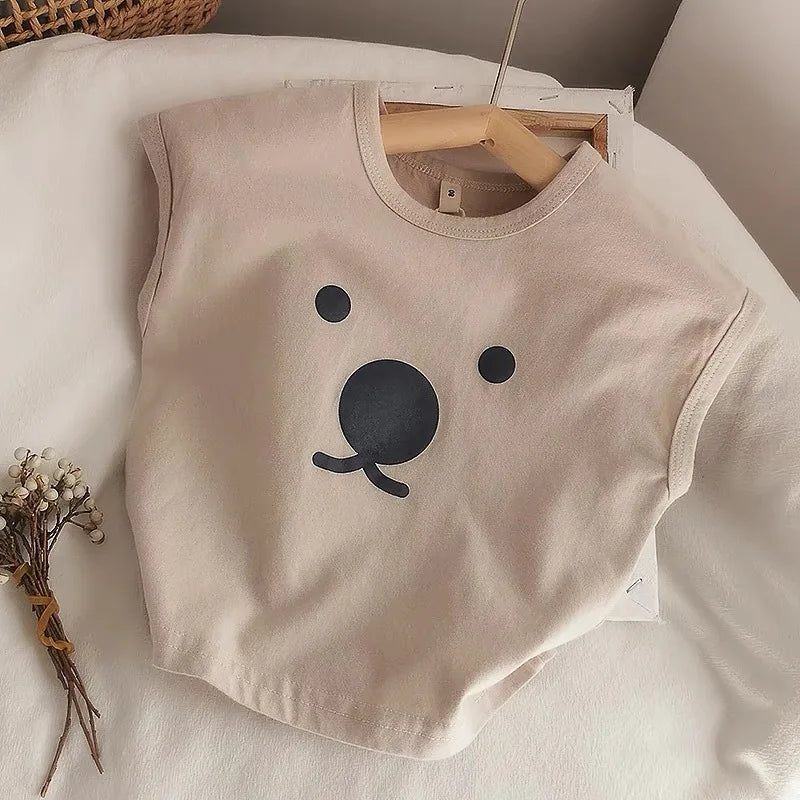 Organic Cotton Cartoon Bear Sleeveless T-Shirt Summer Shirt Tops for Infant Baby and Toddler Boys, Girls, Unisex