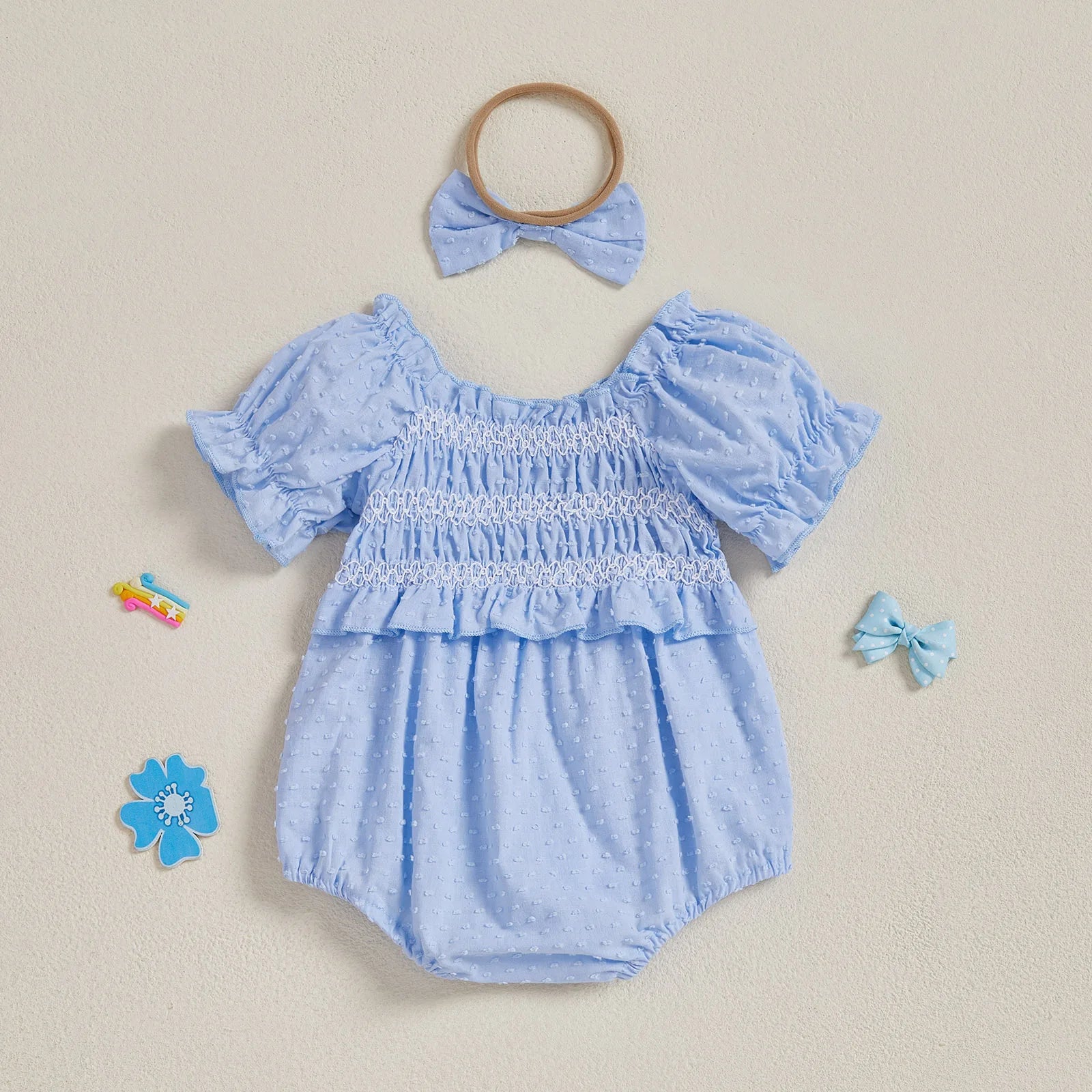Baby Girls Summer Romper Short Sleeve Off Shoulder Ruched Jumpsuit with Headband