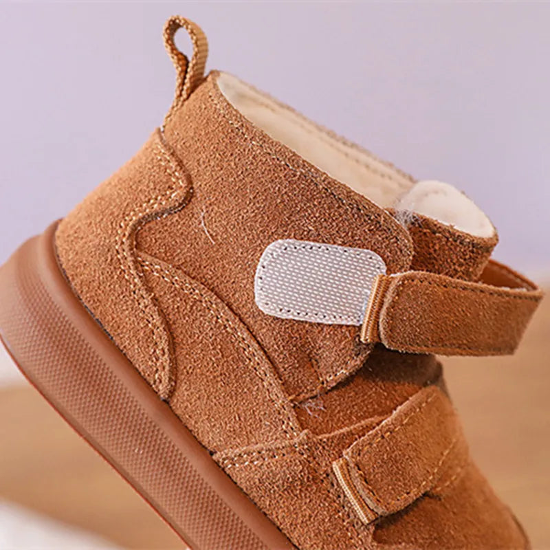 2024 New Winter Baby Shoes Leather Double Hook&Loop Toddler Boys Boots Soft Sole Non-slip Fashion Little Kids Girls Snow Boots