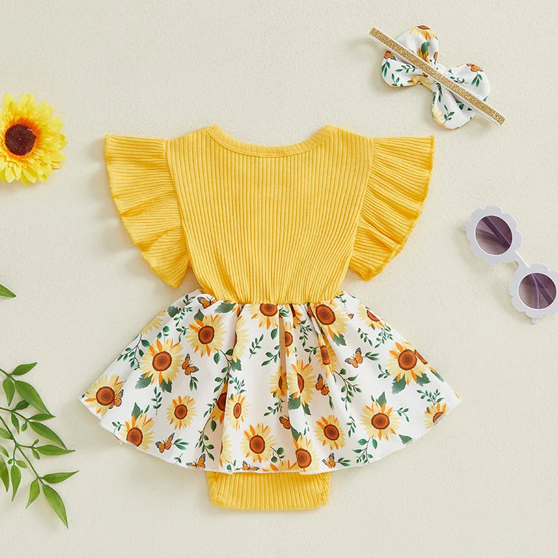 Infant Baby Girl Summer Outfit Sunflower  Print Ruffled Flying Sleeve Crew Neck Romper Dress and Bow Headband 2 Pcs Set
