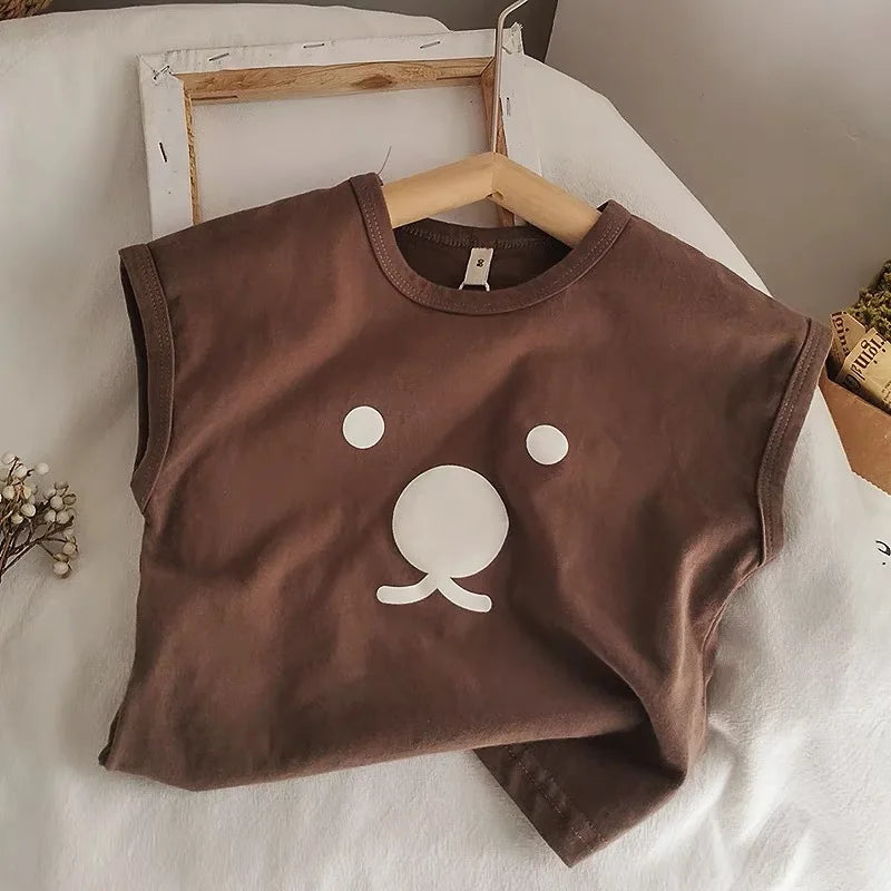 Organic Cotton Cartoon Bear Sleeveless T-Shirt Summer Shirt Tops for Infant Baby and Toddler Boys, Girls, Unisex
