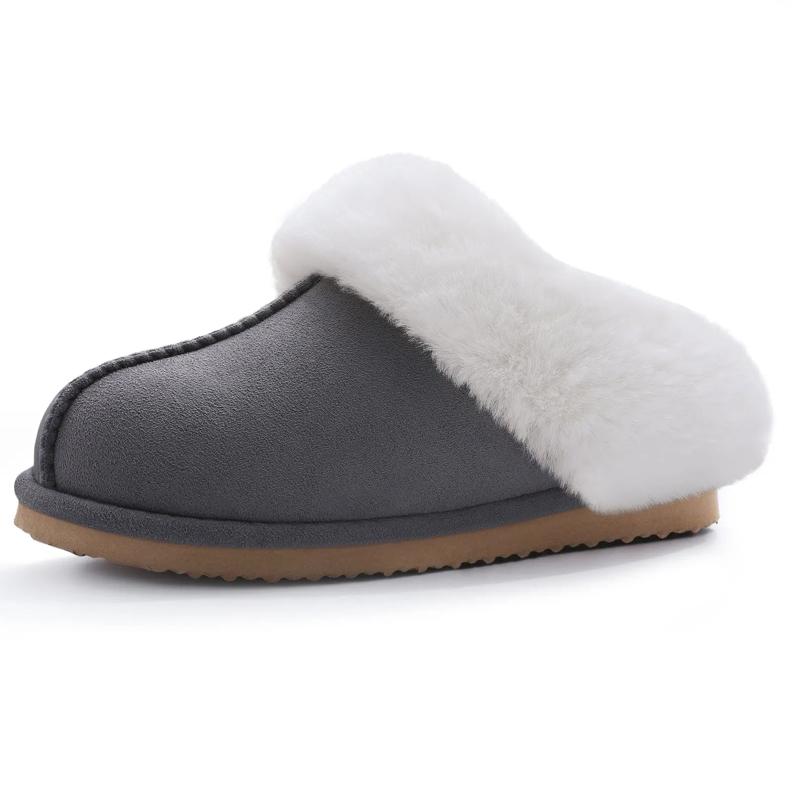Shevalues Winter Fur Collar Slippers Women Winter Plush Furry Slippers Indoor House Cotton Flat Shoe Fuzzy Memory Foam Slippers